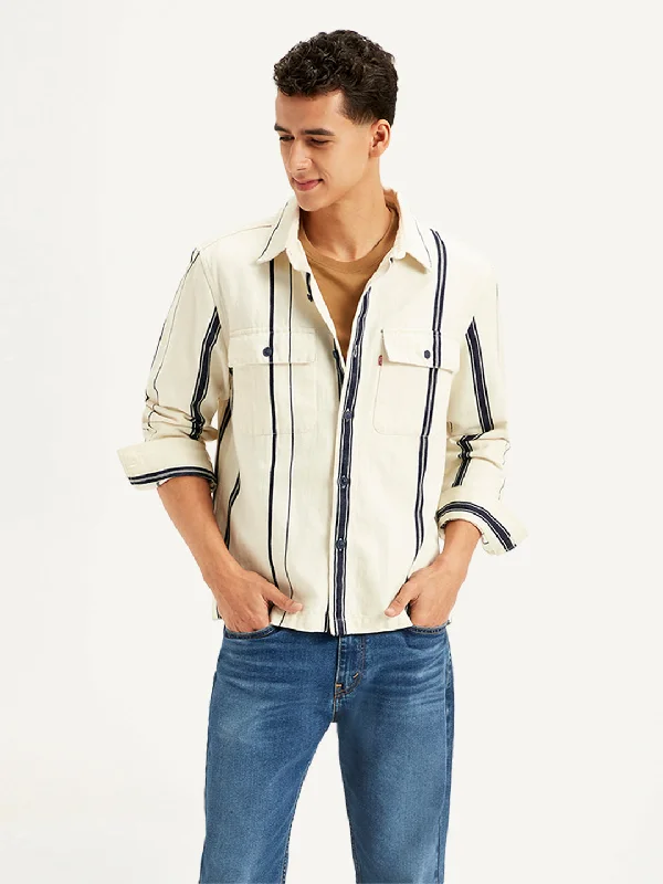 Men's Striped White Regular Fit Shacket