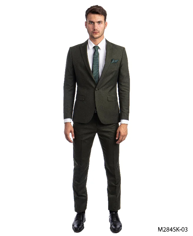 Green 2 PC Solid Suit Skinny Fit Suits