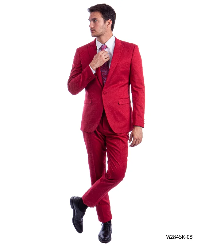 Red 2 PC Solid Suit Skinny Fit Suits