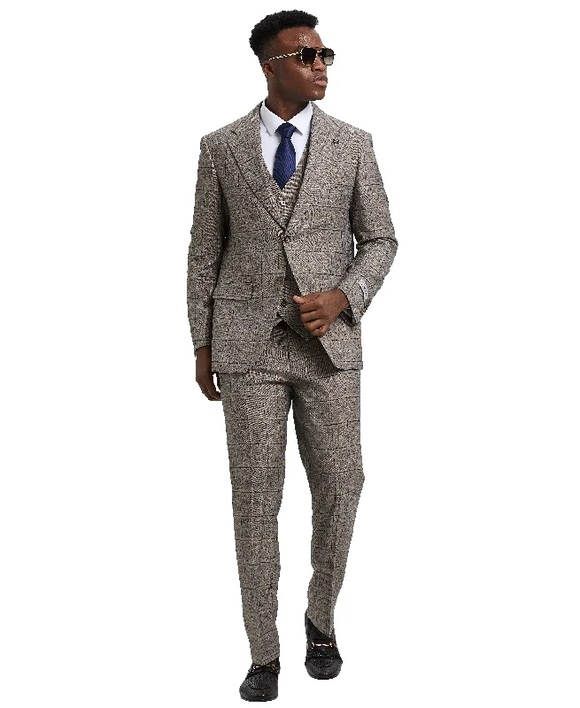 Stacy Adams 3 PC Grey / Black Windowpane Mens Suit