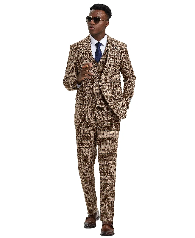 Stacy Adams 3 PC Brown / Tan Plaid Mens Suit