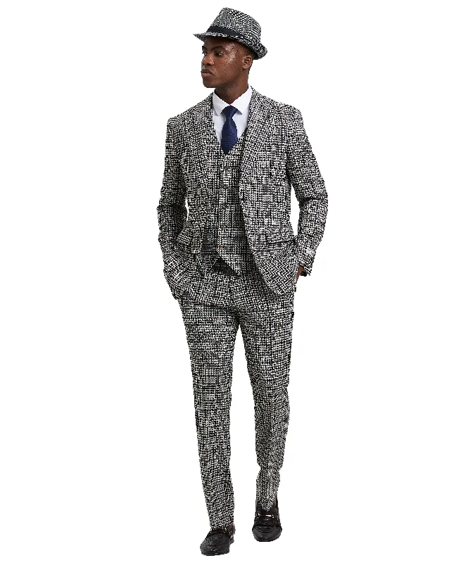 Stacy Adams 3 PC White / Black Plaid Mens Suit