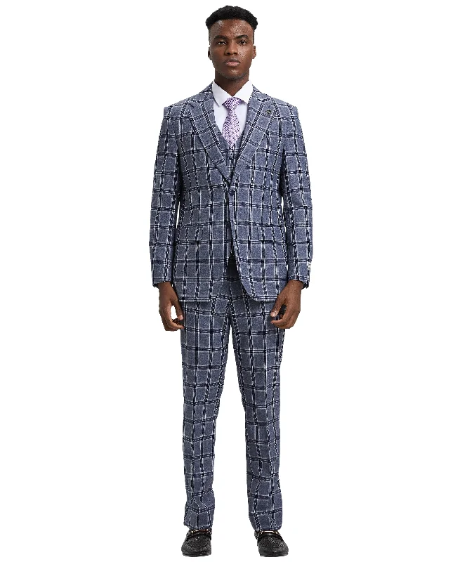 Stacy Adams 3 PC Blue Windowpane Mens Suit