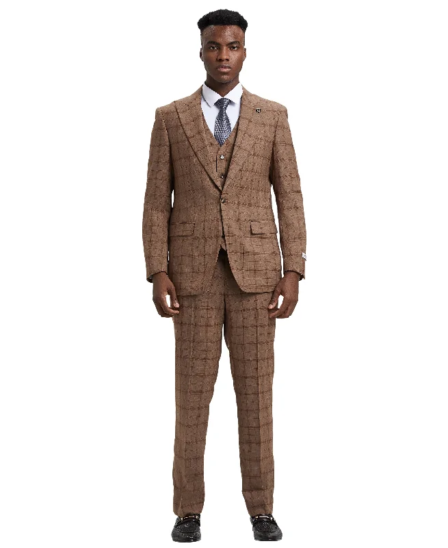 Stacy Adams 3 PC Brown Plaid Mens Suit