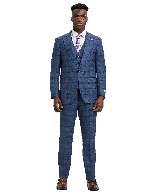 Stacy Adams 3 PC Blue Plaid Mens Suit