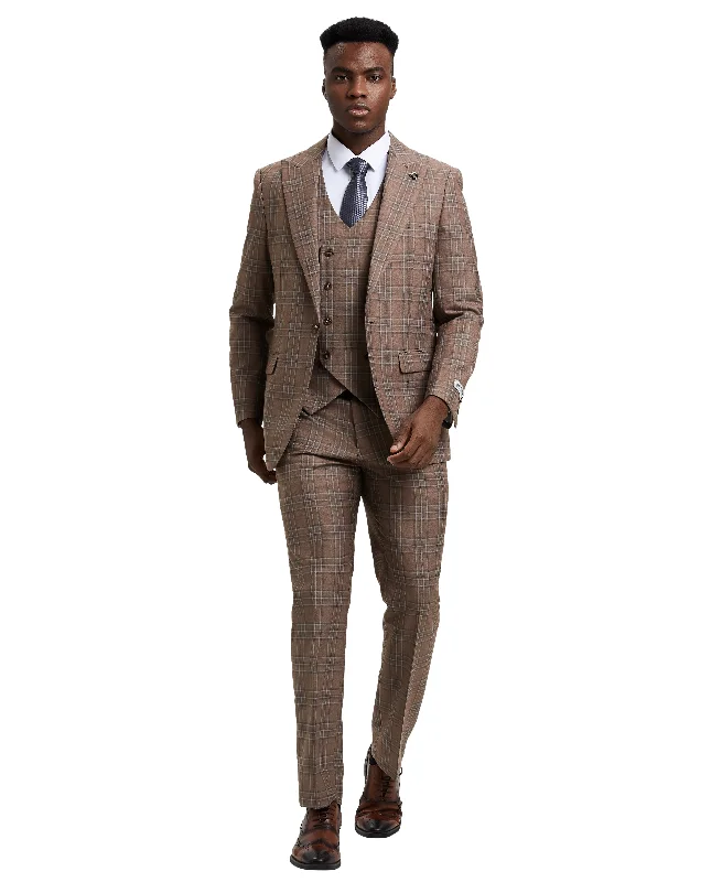 Stacy Adams 3 PC Brown Windowpane Mens Suit