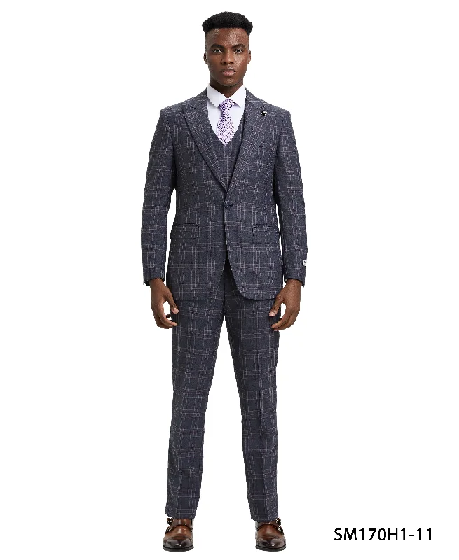 Stacy Adams 3 PC Charcoal Windowpane Mens Suit