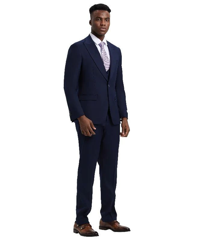 Stacy Adams 3 PC Navy Solid w U-Shape Vest Mens Suit