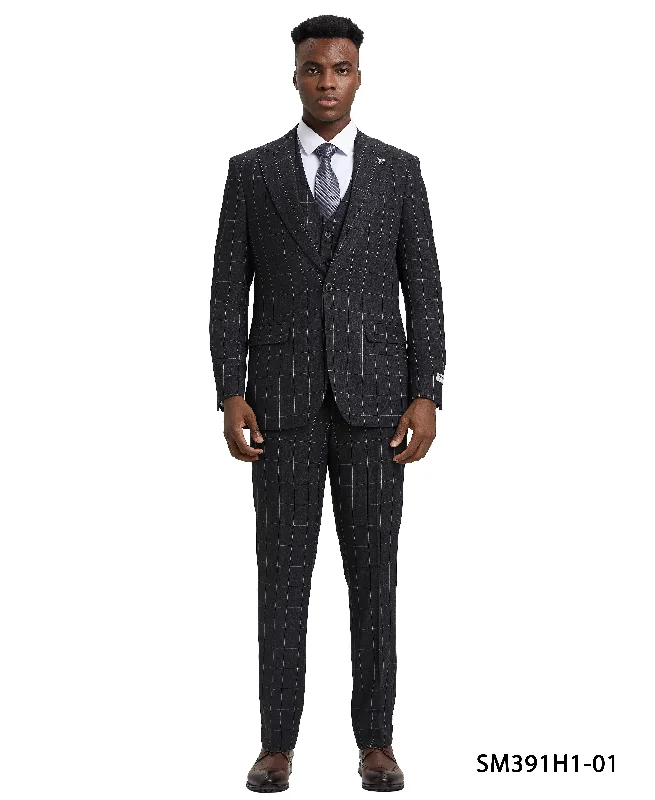 Stacy Adams 3 PC Black Windowpane Mens Suit