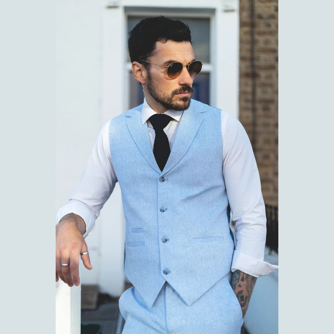 TP-13 - Men's Summer Suit Waistcoat Trousers Linen Formal Baby Blue Wedding