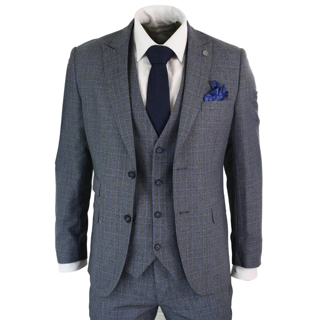 Henry - Men's 3 Piece Prince Of Wales Check Grey Blue Tweed Suit