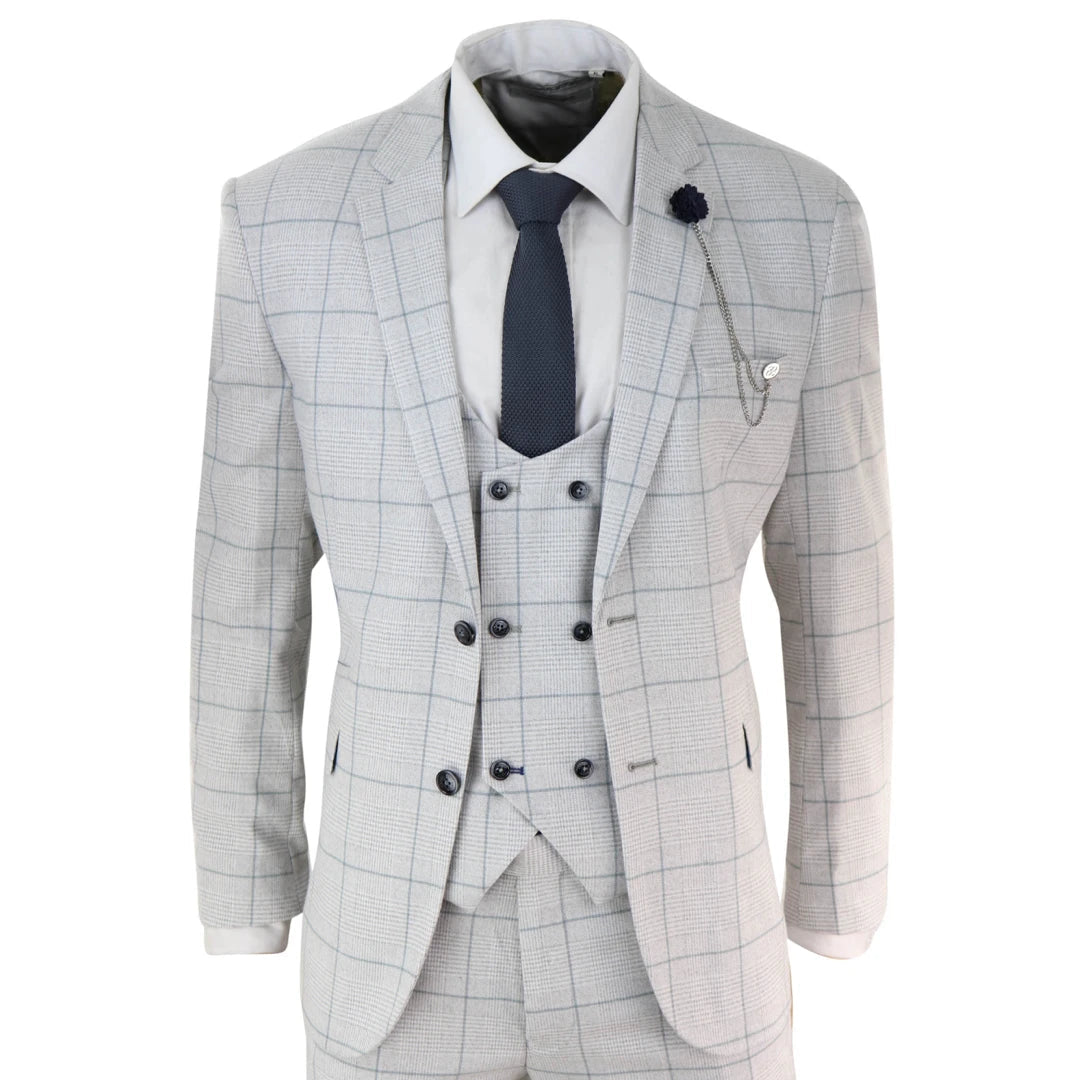 Radika - Men's Light Grey Check 3 Piece Suit Double Breasted Waistcoat