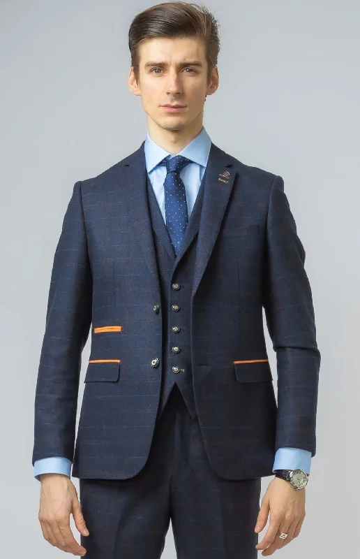 Ryan Navy Blue Tweed Check 3 Piece Suit | Wedding Wear | Office Suit | Check Suit