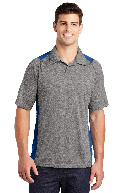 Sport-Tek Mens Heather Contender Moisture Wicking Short Sleeve Polo Shirt - Heather Vintage Grey/True Royal Blue