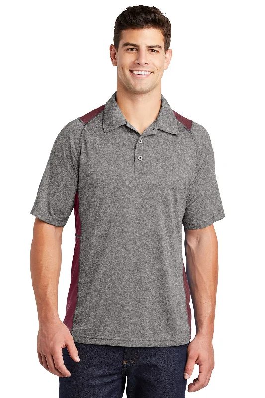 Sport-Tek Mens Heather Contender Moisture Wicking Short Sleeve Polo Shirt - Heather Vintage Grey/Maroon