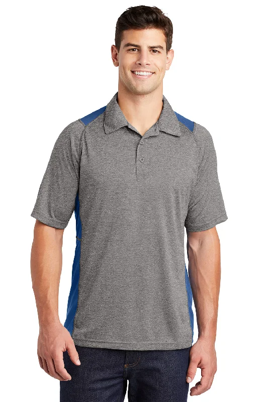 Sport-Tek Mens Heather Contender Moisture Wicking Short Sleeve Polo Shirt - Heather Vintage Grey/Royal Blue