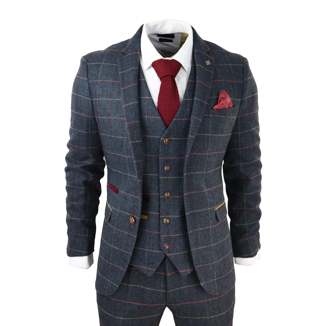 Thomas - Men's Navy 3 Piece Tweed Check Suit