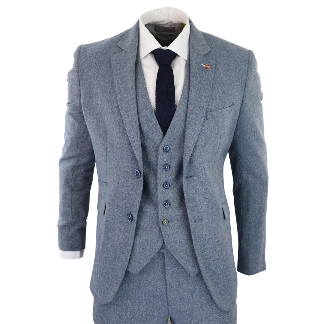 Wells - Men's 3 Piece Wool Suit Light Blue Tweed 1920s Classic 4 Pocket Waistcoat