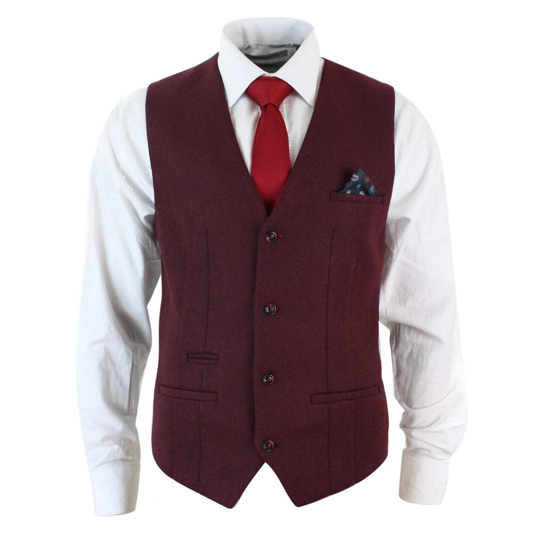 Mens Slim Fit Burgundy Maroon Black Herringbone Tweed Vintage Retro Waistcoat