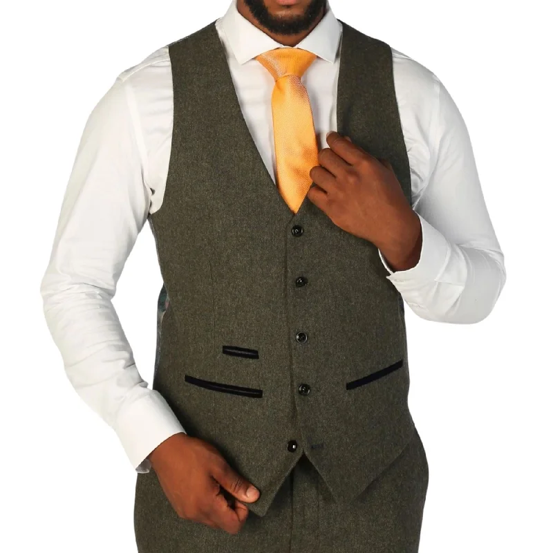 Men's Waistcoat Olive Green Wool Blend Tweed Tailored Fit Vest